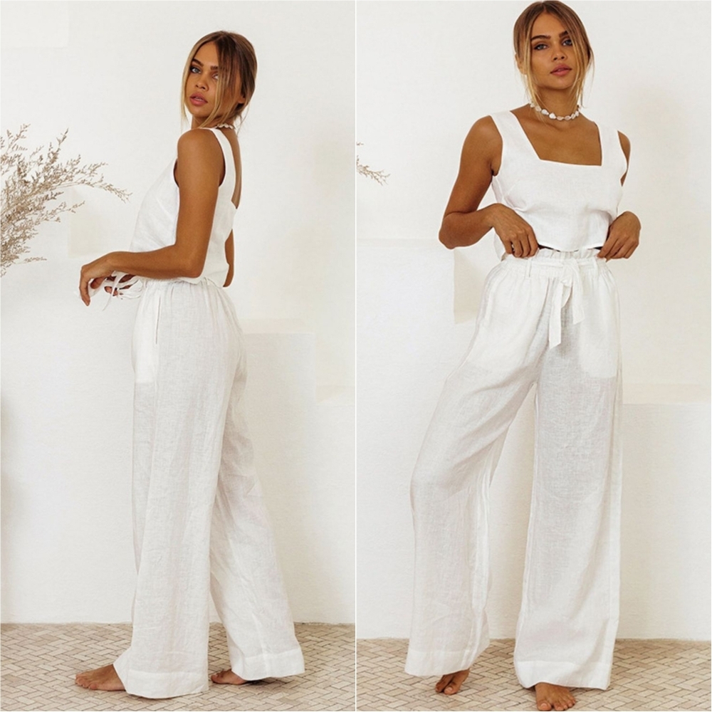 Chic Squares Top and Pants Set - White